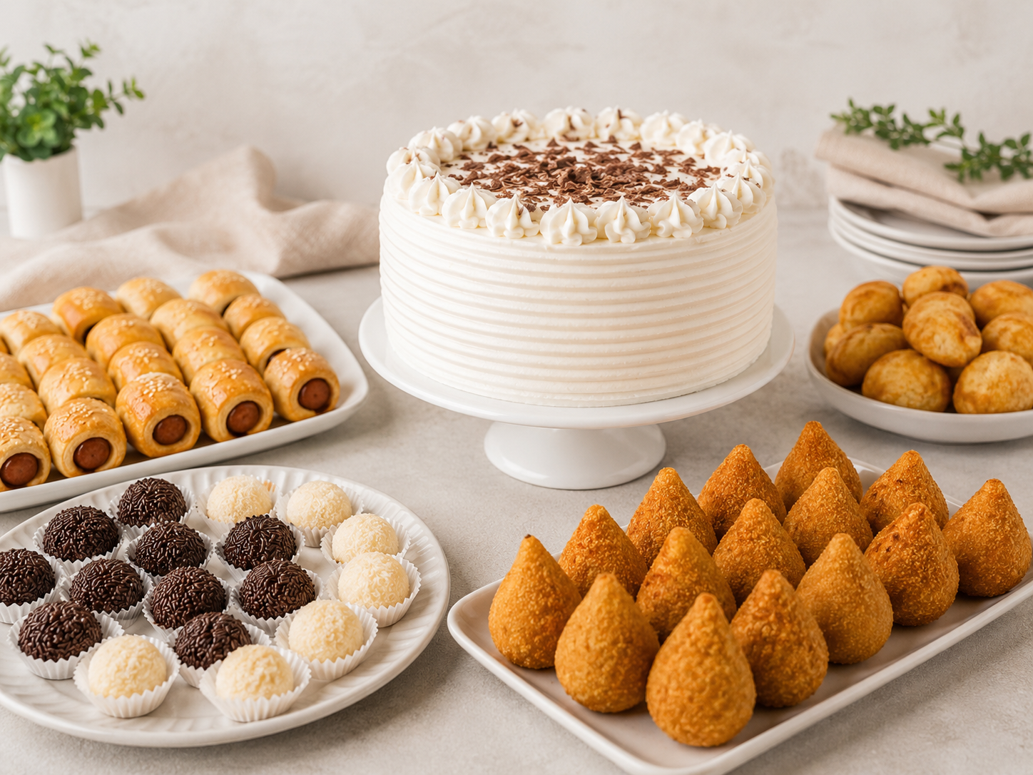 Kit Festa da Panificadora Esquina do Pão com bolo, salgados e docinhos